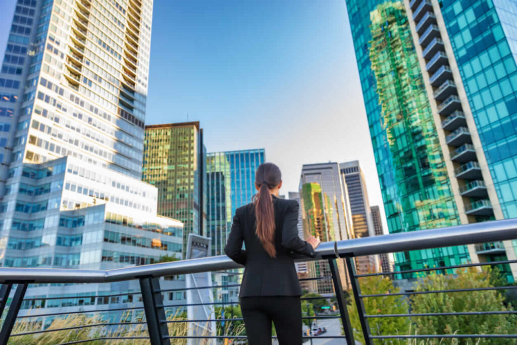 Business professional overlooking city skyline - find out who owns a business in Canada