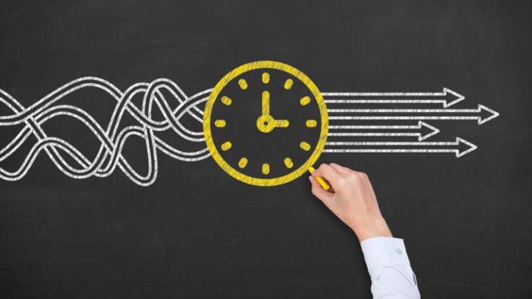 Hand drawing clock with tangled lines becoming straight arrows - business licence amendments and changes process