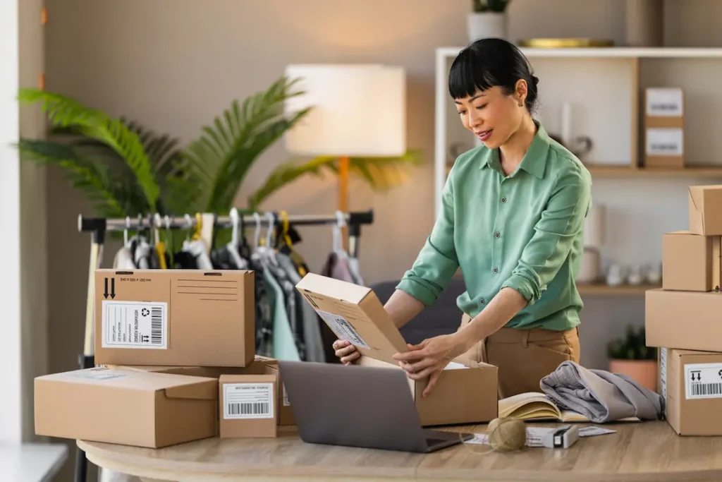 A woman organizes and packs boxes on a table, preparing for a shipment.