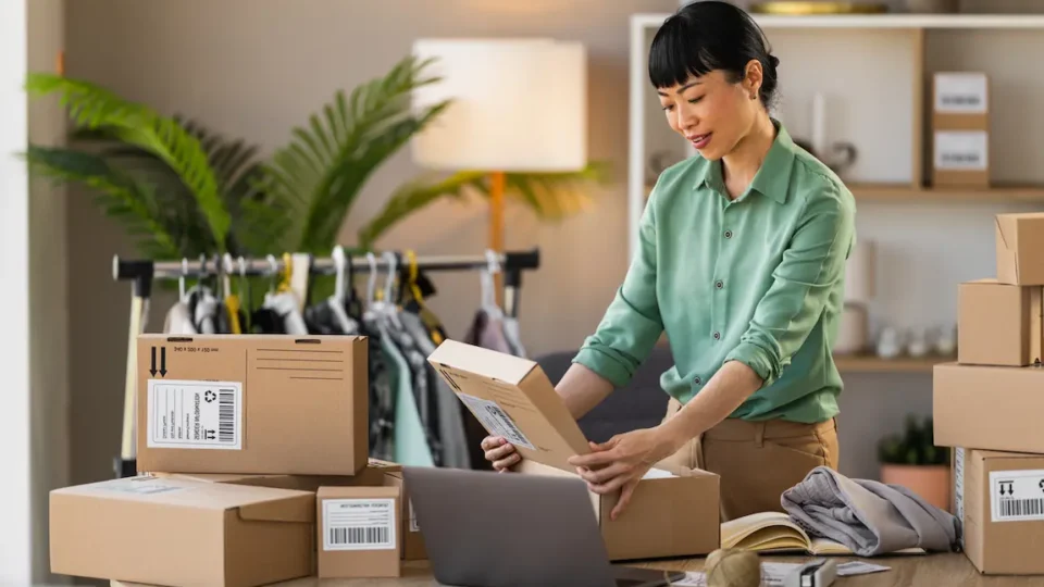 A woman organizes and packs boxes on a table, preparing for a shipment.