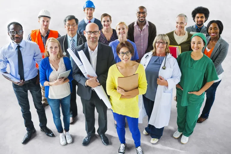 Multi-industry employees showing healthcare, construction, and service sector workers representing industry classifications