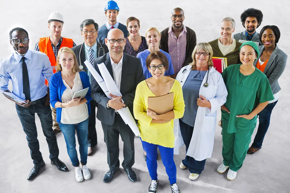 Multi-industry employees showing healthcare, construction, and service sector workers representing industry classifications