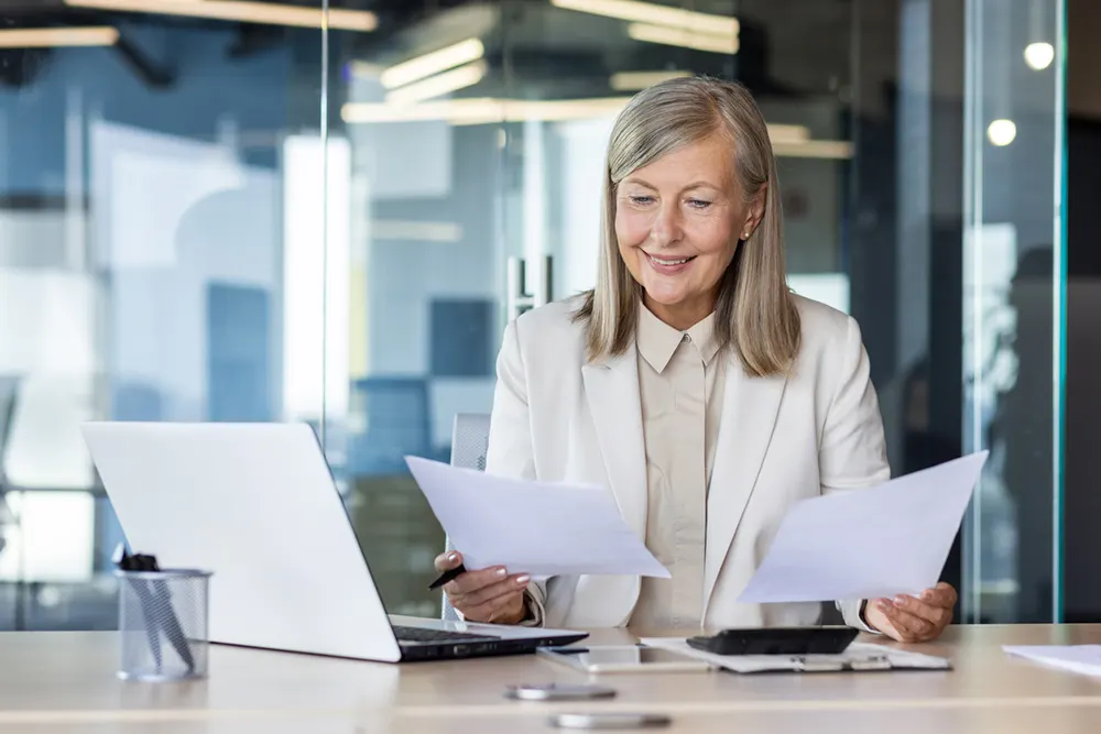 businesswoman ordering corporate documents