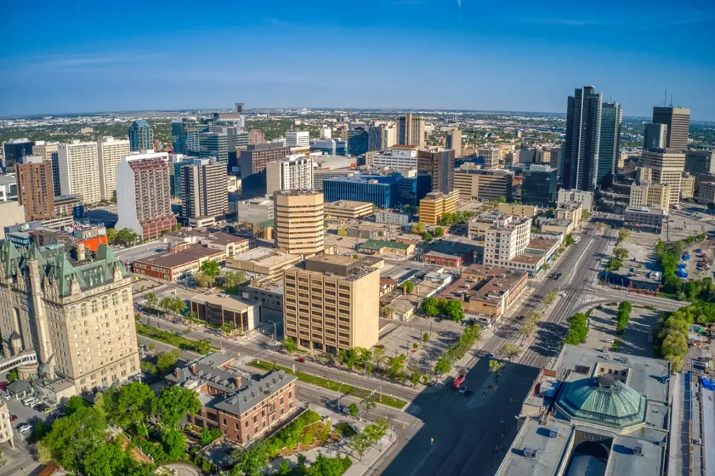 High‑angle view of Winnipeg downtown symbolizing Manitoba business registry search guide