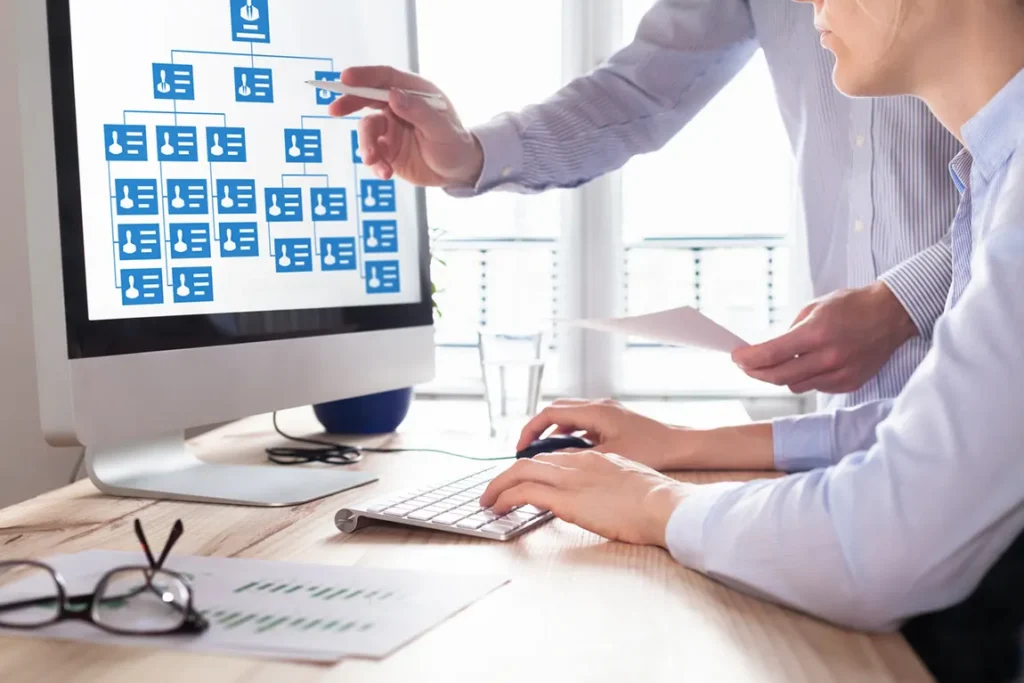 Business professionals creating organizational chart on computer screen showing corporate hierarchy structure