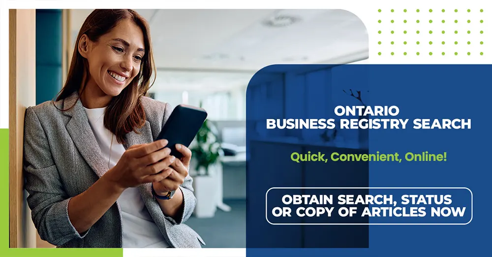 Woman on phone performing a business registry search. Obtain search, status or copy of articles now.