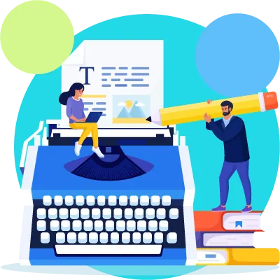 Graphic of a giant typewriter with a woman seated on top working on a laptop and a man standing on stacked books holding an oversized pencil, symbolizing business documentation, registrations, incorporations, and registry search.