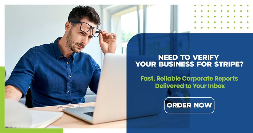 Need to verify your business for Stripe? Fast, reliable corporate reports delivered to your inbox. Order Now