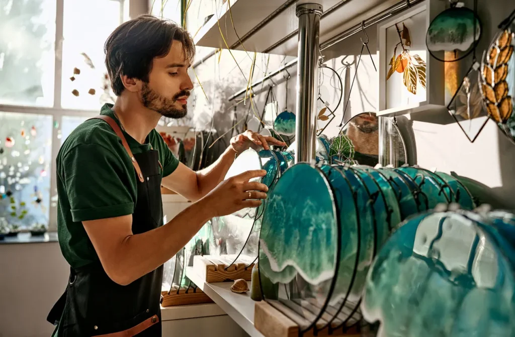 sole proprietor business owner organizing custom handmade glass products