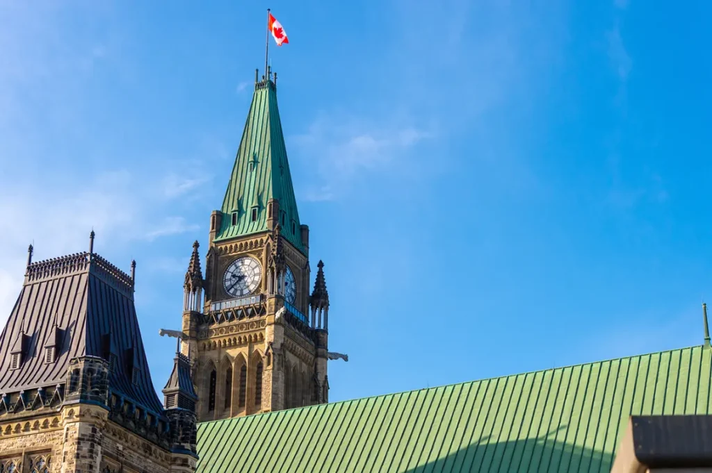 Canadian flag flying between corporate office towers in Toronto business district