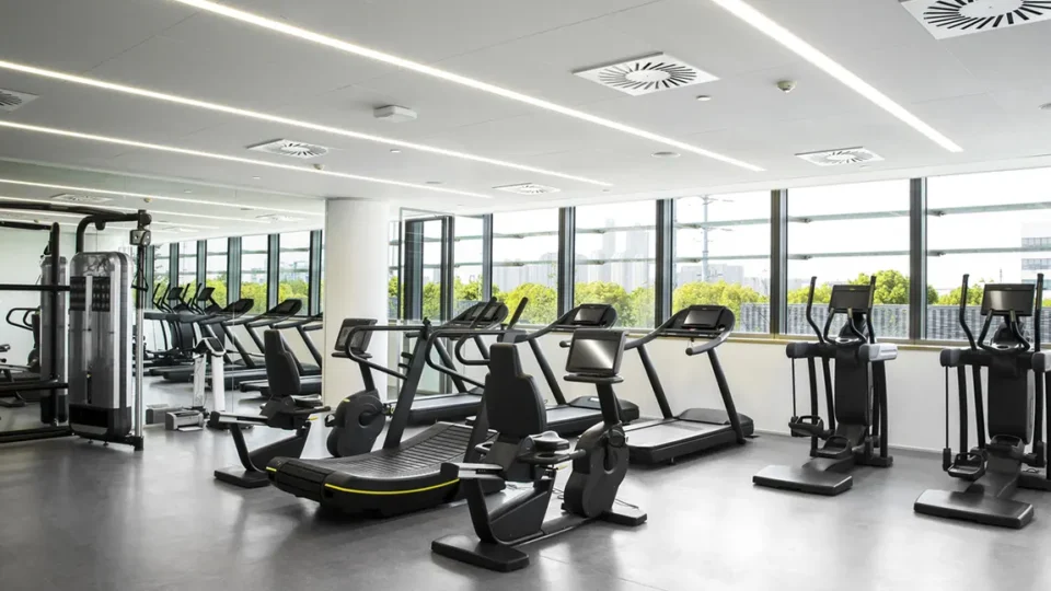 Modern, bright gym interior with treadmills, stationary bikes, and cardio machines by large windows