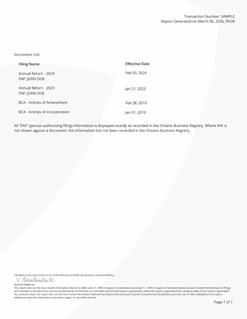 Sample showing the filing history page in an Ontario profile report
